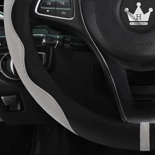 Luxury Suede Steering Wheel Cover for Cars, Soft Leather Padded Wheels Cover for Sedan, SUV, Thin Car Handle Cover, Universal Fit, Anti Slip, 14.75-15.15in, Gray