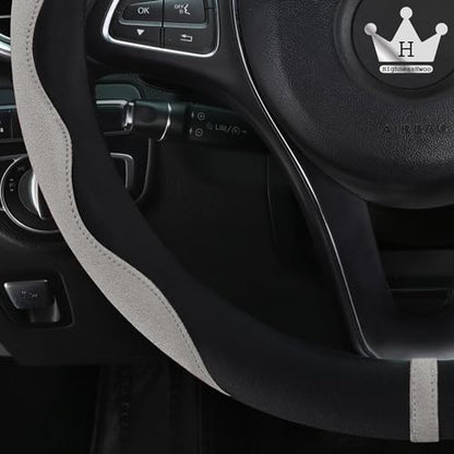 Luxury Suede Steering Wheel Cover for Cars, Soft Leather Padded Wheels Cover for Sedan, SUV, Thin Car Handle Cover, Universal Fit, Anti Slip, 14.75-15.15in, Gray