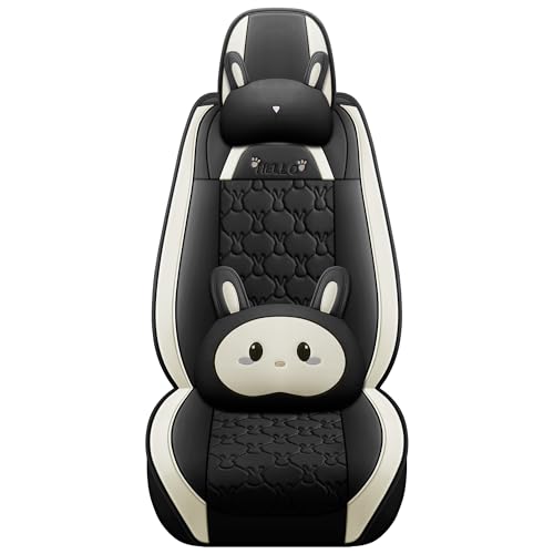 INZU Cute Cartoon Rabbit Comfortable Car Seat Covers with Waterproof PU Leather Suitable for Most 5 Seats Cars SUV and Pick-up Truck Universal Fit Set (Black) - color: Black
