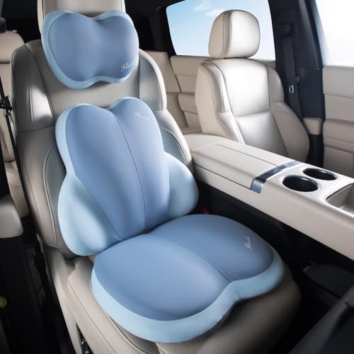 FLORICH 3 PCS Seat Cushion for Carseat Lumbar Support Pillow Car Neck Headrest Pillows Ultrathick Memory Foam Seat Pads Pressure Relief Back Cushion for Office Chair(Dark Blue) - color: Dark Blue, size: Cushion+lumbar+headrest