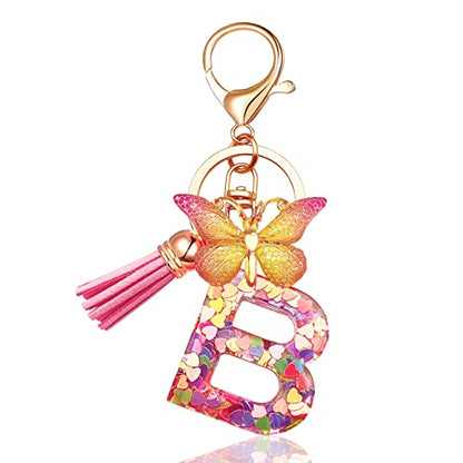 JINGUAZI Initial letter Keychains for Women Tassel Butterfly Pink Purple Cute Car Keychain for Wallet Backpack bag charm - color: B-pink
