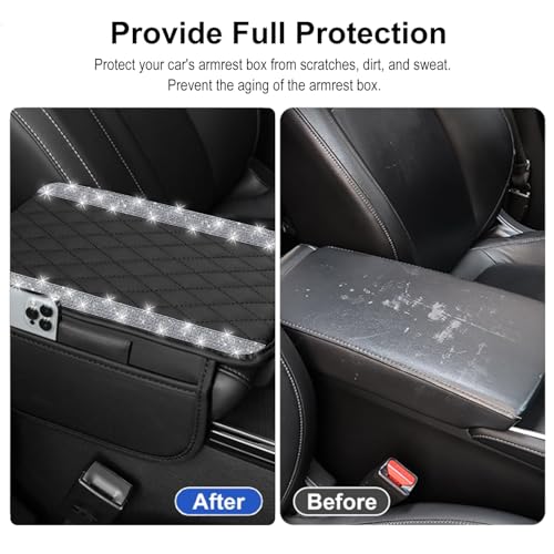 NBTEPEM Bling Car Center Console Cover, Leather Car Arm Rest Cover Cushion with 2 Storage Bags, Universal Auto Armrest Protector Storage Box, Bling Accessories Interior for Most Vehicles (Silver)