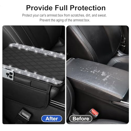 NBTEPEM Bling Car Center Console Cover, Leather Car Arm Rest Cover Cushion with 2 Storage Bags, Universal Auto Armrest Protector Storage Box, Bling Accessories Interior for Most Vehicles (Silver)