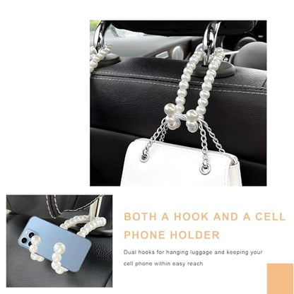 2 PCS Elegant Pearl Car Seat Headrest Hook, Cute Pearl Car Seat Back Hook Storage Organizer, Exquisite Headrest Hanger Purse Holder Interior Decoration for Women Girls