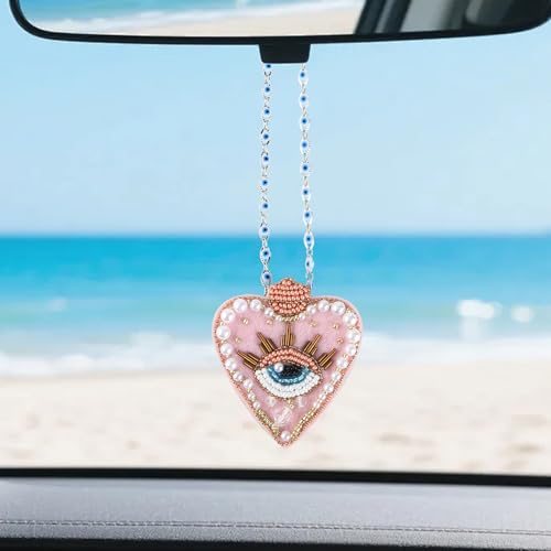 Evil Eye Car Charm - Pink Heart Evil Eye Car Mirror Hanging Accessories, Protection Rearview Mirror Charm Ornament Hanging Decor for Women, Cute Hanger Aesthetic Decor Window Door Frame Decorations