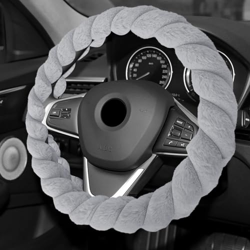 Luxury Fluffy Winter Car Steering Wheel Cover for Women, Steering Wheel Protector, 15" Fluffy Soft Breathable Warm Non-Slip Decoration, Twisted Fur Car Cover for Vehicles (Gray, Round) - color: Gray, size: Round
