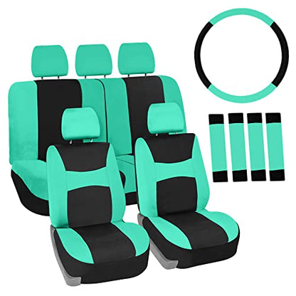 FH Group Full Set Cloth Car Seat Covers , Universal Fit combo, Low Back Front Seat Covers, Airbag Compatible, Split Bench Rear Seat, Washable Seat Cover for SUV,Sedan,Van, Mint - color: Mint
