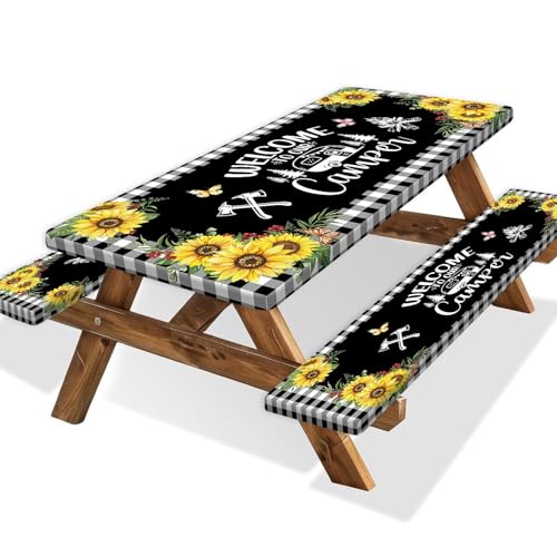 Sunflower Plaid Picnic Table Cover with Bench Covers and Bag, Camping Essentials, Checkered Floral Waterproof Windproof, Fitted Tablecloth Cover with Elastic Edge, Garden & Outdoor, 3 PCS, 30x72 Inch - color: Sunflower Plaid, size: 30" x 72"