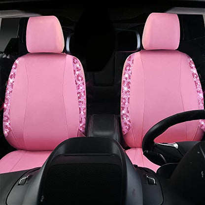 CAR PASS Leopard Diamond Car Seat Covers, Faux Leather Pink Bling Shining Rhinestones 2 Front, Universal Fit 95% Automotive Glitter Crystal Sparkle Strips for Cute Women Girl, Hot Pink - color: Leopard Print Pink, size: Two Front Seats