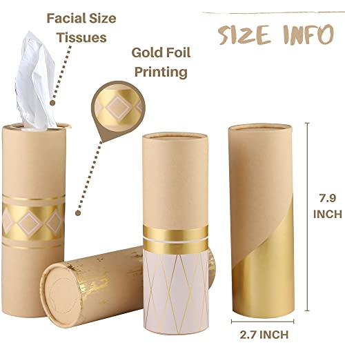 Car Tissue Holder with 3-ply Facial Tissues Bulk - 4 PK - Gold Foil Tissues Cylinder for Car Cup Holder, Travel Tissues, Refill Tissue Box Round Container Kraft