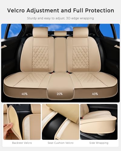 Huidasource Beige Rear Seat Cover, Nappa Leather Back Seat Cover Velcro Adjustable, Compatible with Seat Belts, Child Safety Seats, Fit for Most Cars SUVs Trucks (Back Row/Beige) - color: 01R# Beige01, size: Back Seat Cover