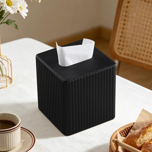 PU Leather Tissue Box Cover Square Tissue Box Holder with Magnetic Closure (Black Fluted) - color: Black Fluted