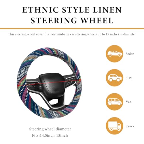 Boho Steering Wheel Cover, 15 Inch Coarse Flax Cloth Ethnic Style Anti-Slip Car Wheel Wrap, Universal Breathable Bohemian Steering Wheel Protector for Cars Vans Trucks (B) - color: B