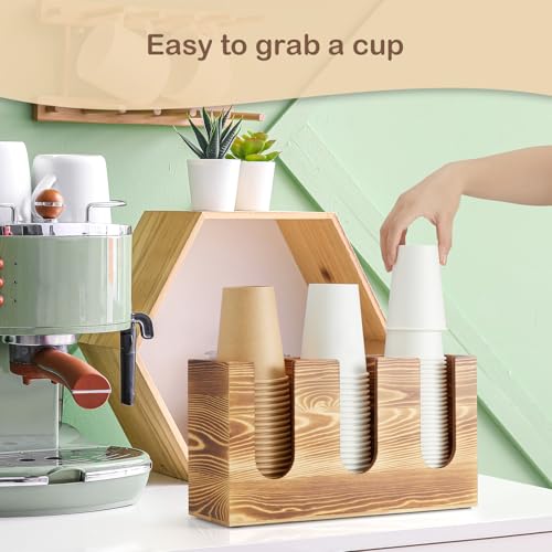 Wooden Coffee Cup and Lid Organizer for Countertop, 3 Compartments Cup Holder Dispenser, Fits 16–24 oz Disposable Cups, Coffee Bar Cup Organizer, Breakroom Kitchen Counter Cup Holder