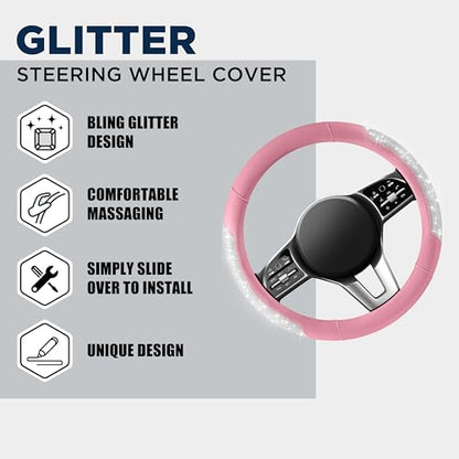 PIC AUTO Steering Wheel Cover, Sparkly Crystal Bling Glitter with Pink Leather, Universal Fit 14.5"-15.5" Car Steering Wheels for Girls & Women, Breathable Anti-Slip Steering Wheels Cover - color: Pink