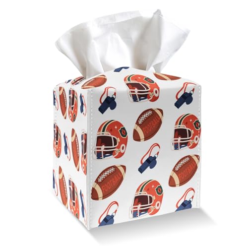 Tissue Box Cover Holder - Football Sports PU Leather Tissue Box Cover with Bottom Belt, Square Facial Paper Organizer for Tabletop, Bathroom, Kitchen, Car & Office -048 - color: Football