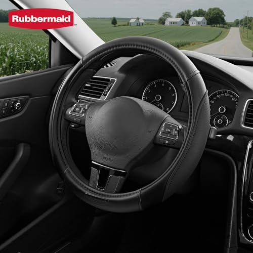 Rubbermaid Steering Wheel Cover – Universal Fit 14.5"–15" Steering Wheel Cover, Anti-Slip Grip, Breathable Leather, All-Season Protection, Interior Upgrade for Cars, Trucks, SUVs - Black - color: Black