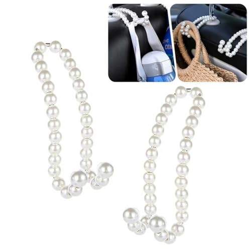 2PCS Car Pearl Seat Headrest Hooks, Elegant Exquisite Purse Hook for Car, High Load-Bearing Seat Hook Hanger Storage Organizer, Interior Accessories for Bags, Umbrellas (White)