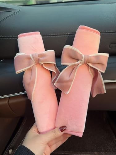 2pcs Cute Bow Tie Soft Plush Protector Shoulder Pad Styling Car Accessories Pink Princess Bow Decor Car Seat Belt Cover Gift for Sister's mom Teacher