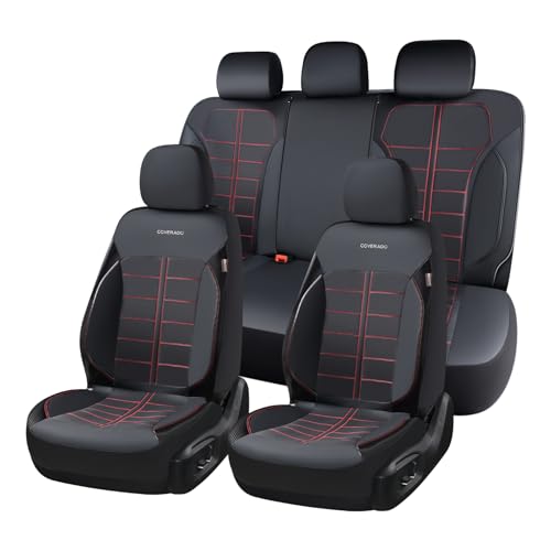 Coverado Full Set Leather Car Seat Covers, Crafted with Full Leather Construction and Carbon Fibre Weave Universal Fit for Most Cars SUV Trucks(Redline - color: RedLine, size: FullSet