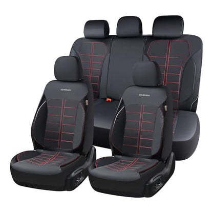 Coverado Full Set Leather Car Seat Covers, Crafted with Full Leather Construction and Carbon Fibre Weave Universal Fit for Most Cars SUV Trucks(Redline - color: RedLine, size: FullSet