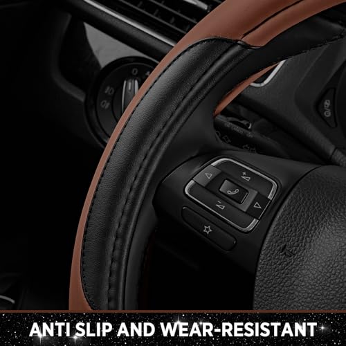 Road Comforts Leather Steering Wheel Cover - Made with PVC Leather - Anti-Slip Steering Wheel Cover Universal Fit Most 14 1/2 inches to 15 inches - Brown Color - color: Brown