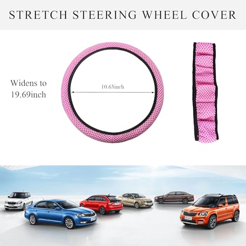 Yourkar Elastic Steering Wheel Cover, 15"×15" Comfy Breathable Stretch Steering Wheel Protector, Ice-Silk Cloth Polyester Steering Wheel Cover for Men Women, Car Accessories (Pink) - color: Pink
