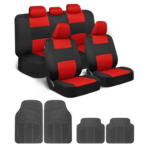 BDK PolyPro Car Seat Covers Full Set Combo with Front and Rear Waterproof All -Weather Car Floor Mats - Universal Fit Automotive Protection for Cars, Trucks & SUV – Easy Install Interior Accessories - color: Red Combo