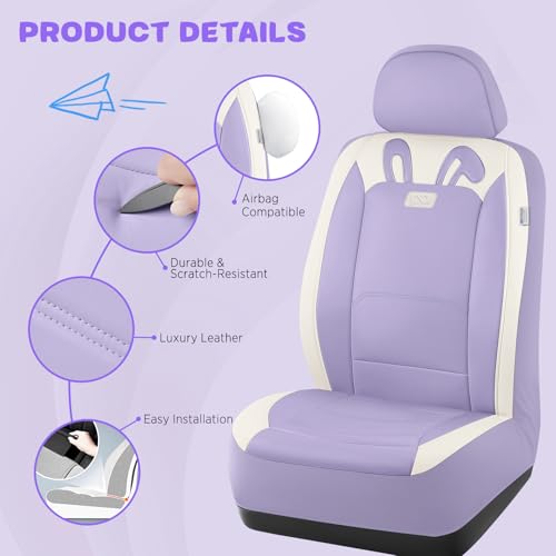 PIC AUTO Car Seat Covers, Cute Rabbit Premium Purple Leather Seat Covers, Universal Fit Front Seat Covers for Cars, Trucks, SUVs, Soft & Wear-Resistant Auto Interior Protection with Airbag-Compatible - color: Purple