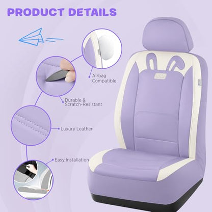 PIC AUTO Car Seat Covers, Cute Rabbit Premium Purple Leather Seat Covers, Universal Fit Front Seat Covers for Cars, Trucks, SUVs, Soft & Wear-Resistant Auto Interior Protection with Airbag-Compatible - color: Purple