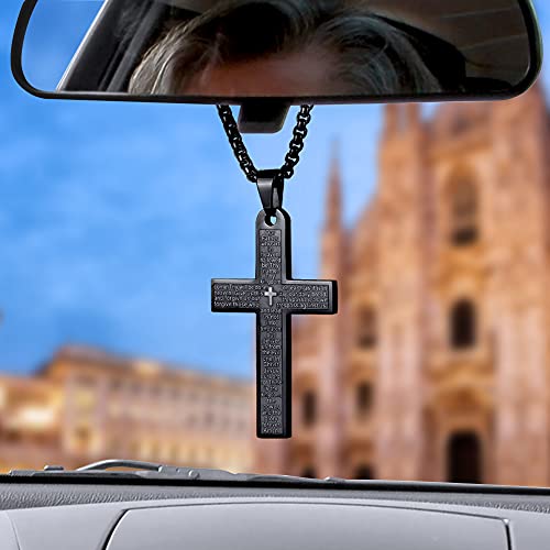 Pendant Cross for Car Rear View Mirror Necklace for Men Charm Car Mirror Hanging Accessories Ornament Stainless Steel Lord's Prayer Cross Necklace With Bible Verse (Black)