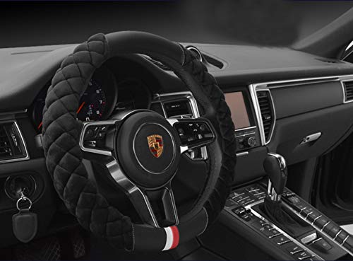 HAOKAY Luxury Fluffy Steering Wheel Cover for Men Women,Soft Warm Short Plush Steering Wheel Cover Black Fuzzy with Universal 14.5-15 Inch - color: BLACK