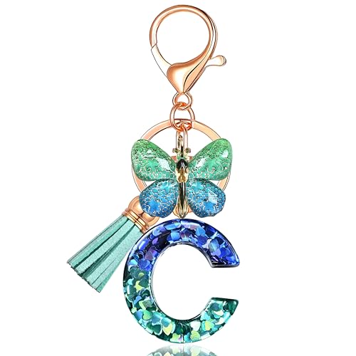 JINGUAZI Initial letter Keychains for Women Tassel Butterfly Pink Purple Cute Car Keychain for Wallet Backpack bag charm - color: C-blue Green