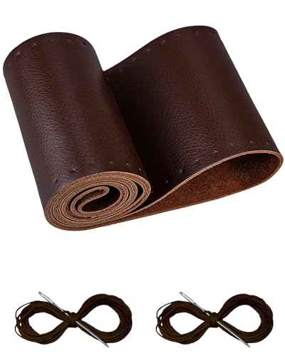 Belinous Leather Steering Wheel Cover Lace Up, Stitch on Steering Wheel Wrap, Universal Fit 13-20 Inch Car Truck Pickup Boat, A Whole Piece of Cowhide, DIY w/Needle Thread (Size L0, Coffee) - color: Coffee, size: L0