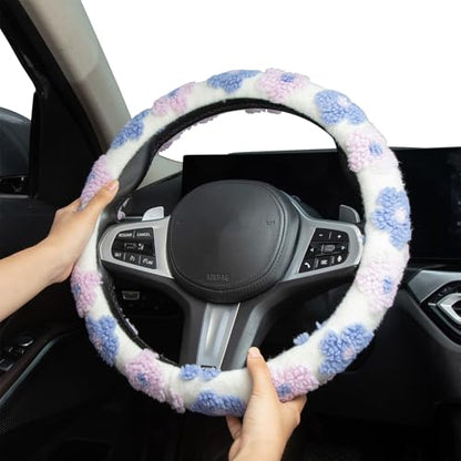 Plush Flowers Steering Wheel Cover Auto Plush Steering Wheel Protector, Anti-Slip, Breathable, Absorbing Sweat, Universal Car Accessories 14.5–15 inch,Fit for Most Car, Trucks, SUV - style: Plush Flowers
