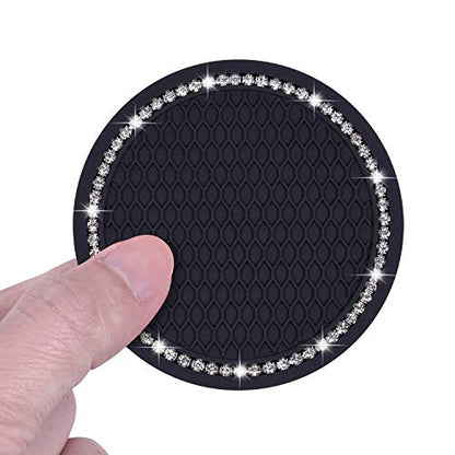 Bling Car Coasters, Wisdompro 2 Pack PVC Car Cup Holder Insert Coaster - Anti Slip Universal Vehicle Interior Accessories Crystal Glitter Cup Mats for Women and Men(2.75" Diameter, Black) - color: Black