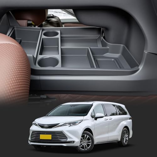 for with 2021-2026 Toyota Sienna Center Console Organizer with Cup Holder, Lower Storage Box Accessories (TPE Material with Original car Wood Grain, Grey) - size: Storage box under central control