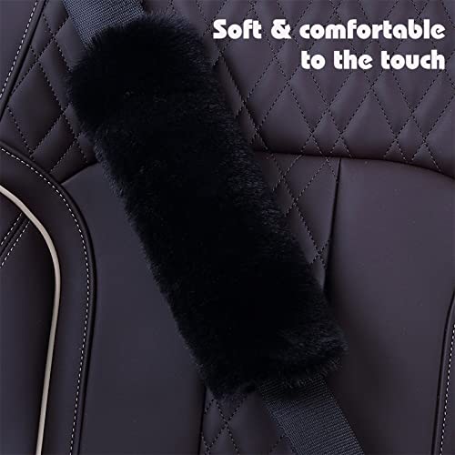 7 Pieces Fluffy Car Accessories Set, Cute Fluffy Steering Wheel Cover Set Faux Wool Seatbelt Shoulder Pads Auto Center Console Armrest Pads Fuzz Handbrake Cover Gear Shift Cover Furry Keychain(Black) - color: Black