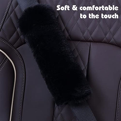 7 Pieces Fluffy Car Accessories Set, Cute Fluffy Steering Wheel Cover Set Faux Wool Seatbelt Shoulder Pads Auto Center Console Armrest Pads Fuzz Handbrake Cover Gear Shift Cover Furry Keychain(Black) - color: Black