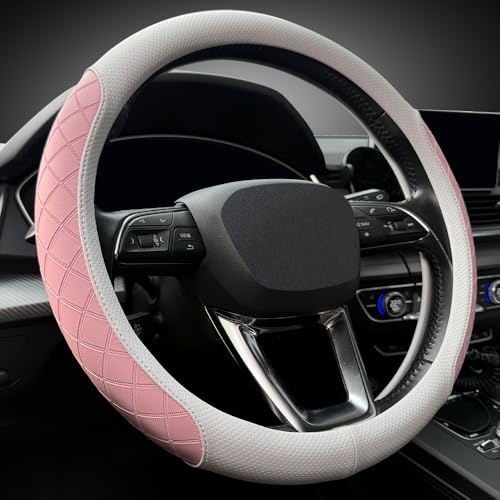LKWLIKEI Nappa Leather Steering Wheel Cover,Elegant Diamond Checkered Design, Non-Slip wear-Resistant, Enhance Driving Comfort, Suitable for Steering Wheel Diameter 14 1/2‘-15’ Models.White and Pink - color: White and pink