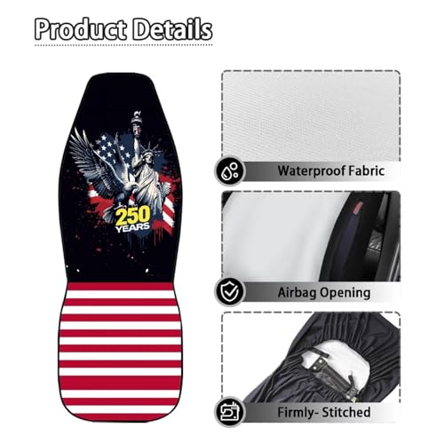 250th Anniversary Car Front Seat Cover Set of 2, American Flag Printed Waterproof Car Seat Cover for Front Seats, Airbag Compatible, All Weather Protector, Universal Fits - color: Black and Red - 250th Anniversary