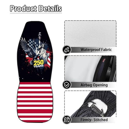 250th Anniversary Car Front Seat Cover Set of 2, American Flag Printed Waterproof Car Seat Cover for Front Seats, Airbag Compatible, All Weather Protector, Universal Fits - color: Black and Red - 250th Anniversary