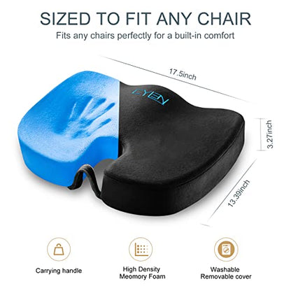 CYLEN Home Office Seat Cushion - Comfort Memory Foam Chair Cushion with Cooling Gel Infused for Tailbone, Coccyx, Back & Sciatica Pain Relief (Black-Blue) - color: Black-blue