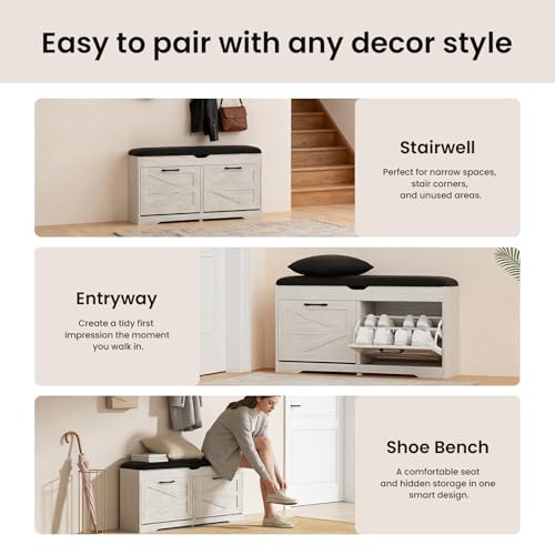 39" Shoe Storage Bench with Padded Seat Cushion & Lift Top Storage Box & 2 Flip Drawers, Small Entryway Shoe Rack Bench with 2 Doors and Adjustable Shelf, Shoes Cabinet for Hallway, Living Room, White