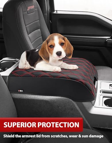 KBH Auto Center Console Armrest Cover for 2015-2020 Ford F150, 2017-2022 F250 F350 F450 F550, 2018-2024 Expedition, Bucket Seat Only, Anti-Scratch, Black-Red Stitch (Not for Other Years) - size: Bucket Seat, 15-20 F150 / 17-22 F250-F550