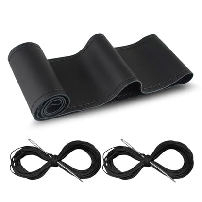 Car Genuine Leather Steering Wheel Cover, DIY Sewing with Needle and Thread, Breathable, and Anti-Slip, Universal 15 Inch Car Steering Wheel Stitching Wrap (Black, Glossy) - color: Black, size: 15 inches - Glossy