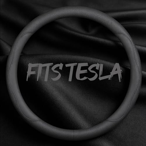 Leather Car Steering Wheel Cover, Breathable Laser-Perforated, Pure Black Double Lines, Premium Texture, 14.5-15 Inch for Tesla - color: Pure black dual lines, size: For Tesla
