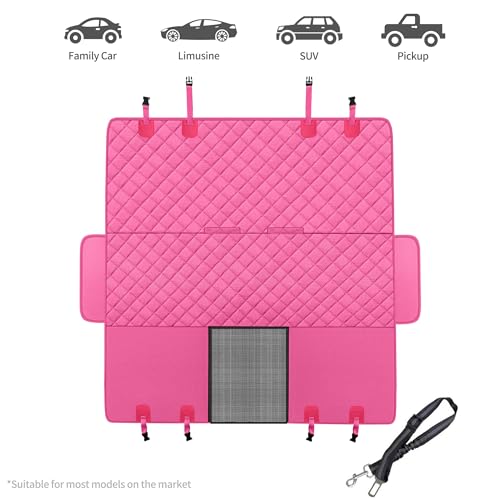 GXT Dog Back Seat Cover Protector for Cars SUV and Trucks with Mesh Window, Scratchproof Nonslip and Waterproof Material - color: Pink, style: Seat Cover and Dog Seat Belt