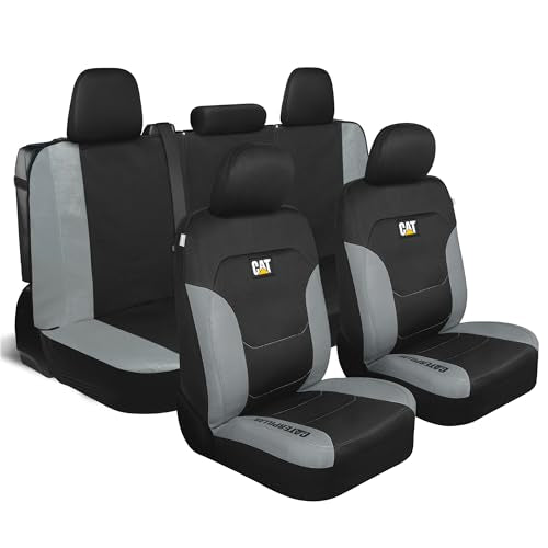 CAT Black & Gray Car Seat Covers Full Set – Front Seat Covers & Rear Bench Seat Cover – Airbag Compatible, 60/40 Split Bench for Trucks, Cars & SUVs – Automotive Interior Seat Protection Accessories - color: a-Full Set Gray