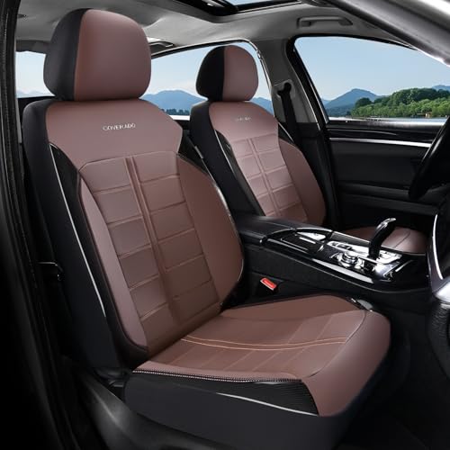Coverado Front Seat Leather Covers, Full Leather Construction with Carbon Fibre Weave, Universal Fit for Most Cars SUV Trucks (Coffee) - color: Coffee, size: Front